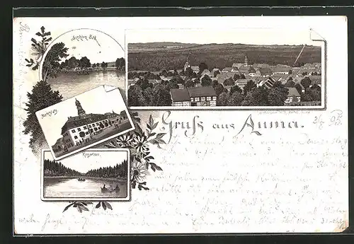 Vorläufer-Lithographie Auma, 1895, Kesselsee, Marktplatz, Sophien Bad, Totalansicht