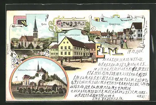 Lithographie Elm, Gasthaus zum roten Löwen, Schloss Brandenstein, Kirche, Hauptstrasse