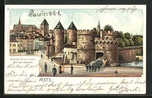 Lithographie Metz, Deutsches Tor von aussen, Porte des Allemands