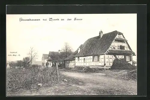 AK Elsasshausen a. d. Sauer, Strassenpartie mit Häusern und Denkmal des Inftr.-Regt. 82