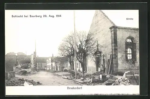 AK Bruderdorf, Schlacht bei Saarburg 1914, Kirche in Trümmern