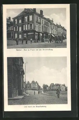 AK Rethel, Rue la Place vor u. nach der Beschiessung