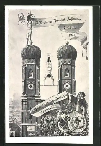 Künstler-AK Ganzsache PP68C1: München, 13. Deutsches Turnfest 1923, beturnte Frauenkirche