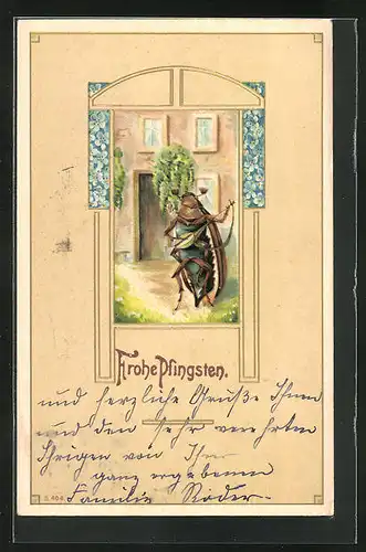 Künstler-AK Pfingstgruss, Maikäfer spielt die Mandoline