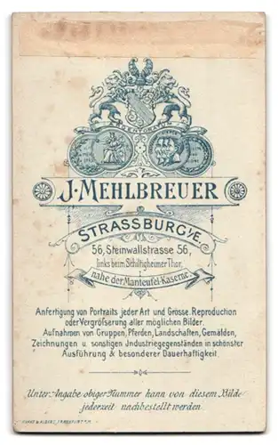 Fotografie J. Mehlbreuer, Strassburg i. Els., Steinwallstr. 56, Portrait Soldat in Uniform mit Mittelscheitel