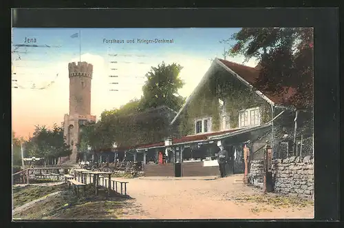 AK Jena, Gasthof Forsthaus und Krieger-Denkmal