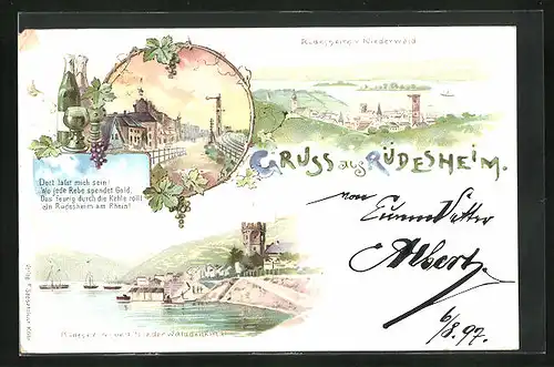 Lithographie Rüdesheim, Teilansicht v. Niederwald, Ortspartie mit Niederwalddenkmal, Strassenpartie mit Gebäudeansicht