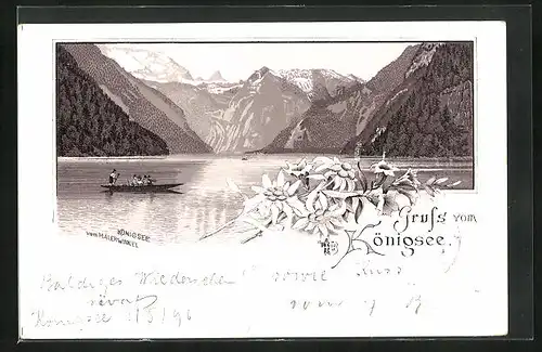 Lithographie Schönau, Königsee mit Boot vom Malerwinkel aus gesehen