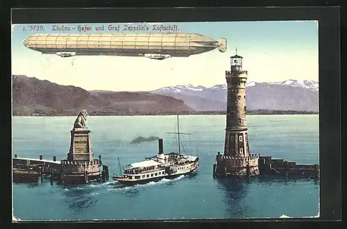 AK Lindau, Hafen mit Dampfer und Graf Zeppelin`s Luftschiff