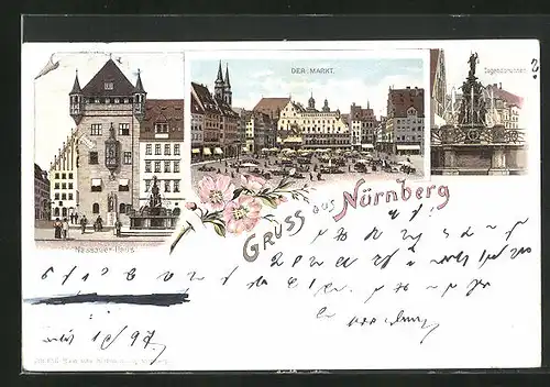 Lithographie Nürnberg, Nassauer-Haus, Der Markt, Tugendbrunnen