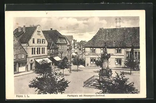 AK Horn i. L., Marktplatz mit Gasthaus Teutoburger Hof & Hausmann-Denkmal