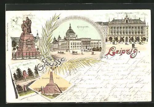 Lithographie Leipzig, Reichsgericht, Grassi-Museum, Lutherdenkmal