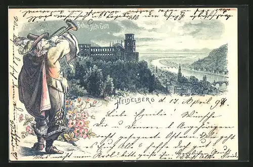 Lithographie Heidelberg, Behüt dich Gott, Trompeter vor der Stadt