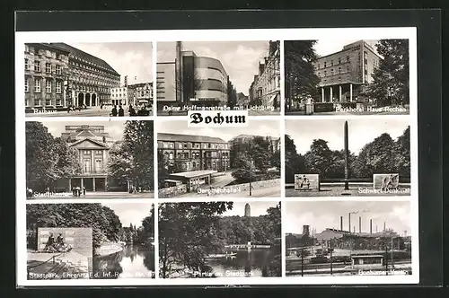 AK Bochum, Parkhotel Haus Rechen, Oskar Hoffmannstrasse mit Kino Lichtburg, Schwert-Denkmal, Bauhaus