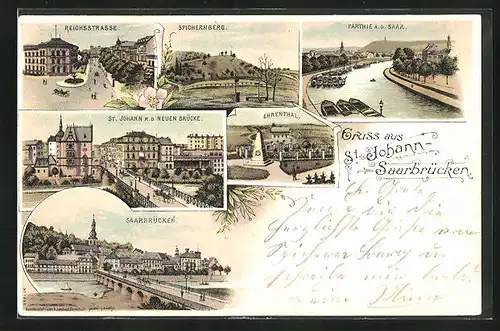 Lithographie Saarbrücken-St. Johann, Partie an der Saar, Spichernberg, Reichsstrasse