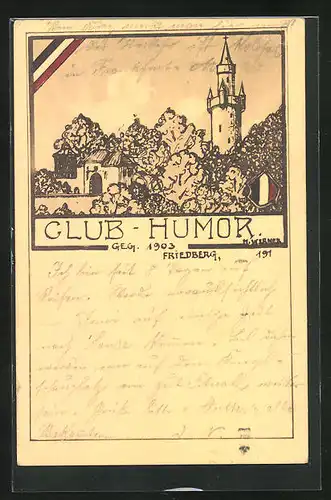 Künstler-AK Friedberg, Club-Humor, Turm über der Stadt