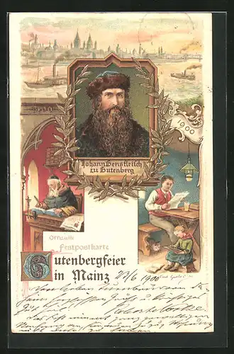 Lithographie Mainz, 500 Jährige Gutenberg-Feier
