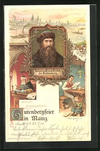 Lithographie Mainz, 500 Jahr Feier Gutenbergs