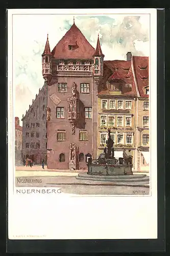 Künstler-AK Karl Mutter: Nürnberg, Rathaus mit Brunnen