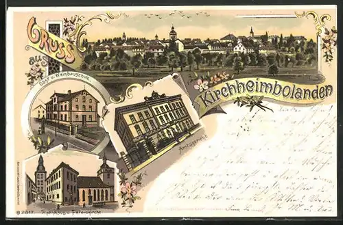 Lithographie Kirchheimbolanden, Obst- u. Weinbauschule, Amtsgericht, Rathaus u. Peterskirche