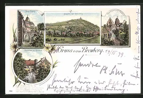 Lithographie Neustadt / Breuberg, Hexenturm mit Bergfried, Casimirbau mit Rittersaal