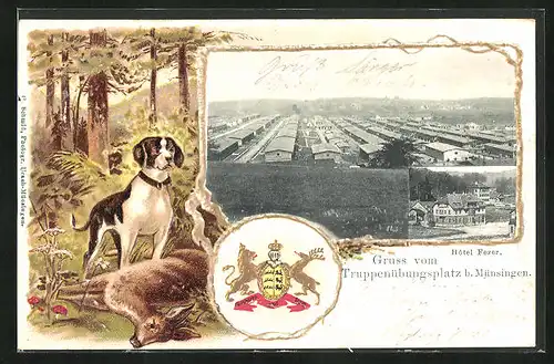 Passepartout-Lithographie Münsingen, Hotel Fezer, Gesamtansicht vom Truppenübungsplatz, Wappen, Jagd