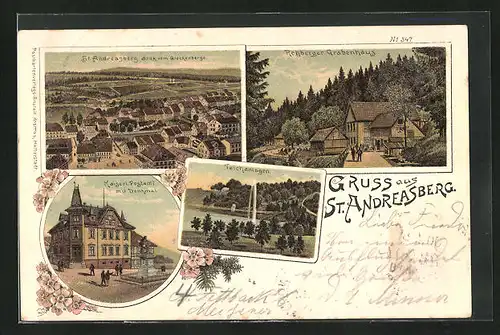 Lithographie St. Andreasberg, Rehberger Grabenhaus, Blick vom Glockenberge, Kaiserl. Postamt