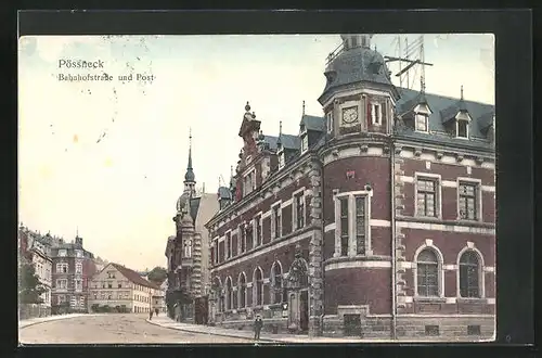 AK Pössneck, Bahnhofstrasse und Post