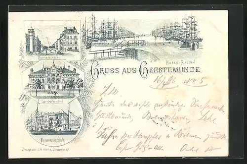 Lithographie Geestemünde, Borriesstrasse, Steuermannsschule, Hafen-Bassin