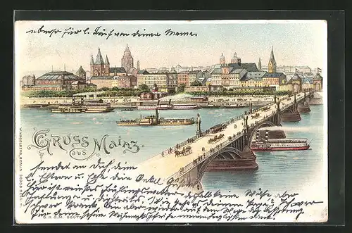 Lithographie Mainz, Panorama mit Brücke, Halt gegen das Licht: Beleuchtete Fenster