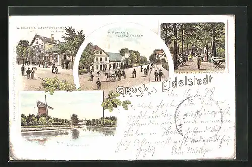 Lithographie Eidelstedt, W. Bissen`s Gasthaus, H. Ramke`s Gasthaus, Windmühle am Mühlenteich