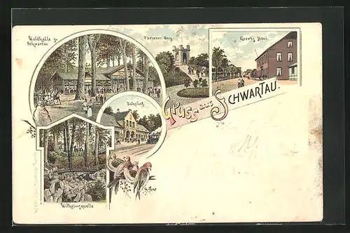 Lithographie Schwartau, Geertz Hotel, Gasthaus Waldhalle, Pariener Berg