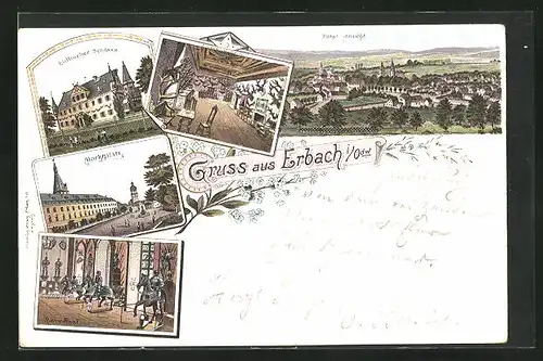 Lithographie Erbach i. Odw., Eulbacher Schloss, Marktplatz, Totalansicht