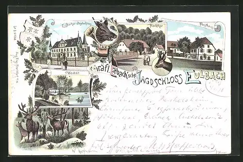 Lithographie Eulbach, Gräfl. Erbachsches Jagdschloss, Forsthaus