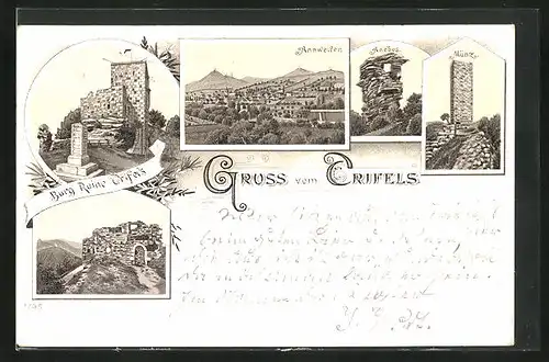 Lithographie Annweiler, Burg-Ruine Trifels, Ortsansicht, Anebos, Münz