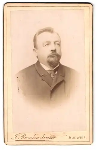 Fotografie J. Rundensteiner, Budweis, Parkstrasse 33, Portrait modisch gekleideter Herr mit Bart