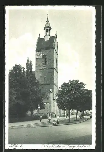 AK Fellbach, Strasse an der Lutherkirche und dem Kiregerdenkmal