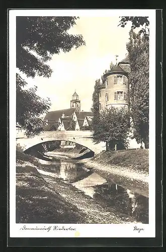 AK Donauwörth, Rindertor mit Brücke, dahinter die Kirche