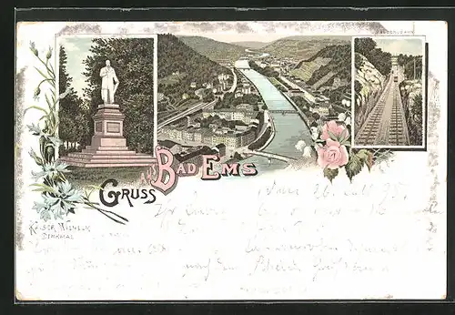 Vorläufer-Lithographie Bad Ems, 1895, Kaiser Wilhelm Denkmal, Totalansicht, Malbergbahn