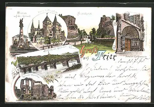 Vorläufer-Lithographie Trier, 1895, Brunnen auf dem Kornmarkt, Dom mit Liebfrauenkirche, Amphitheater