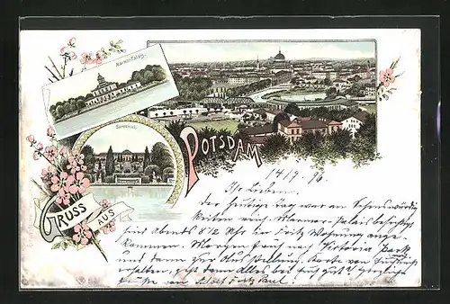 Lithographie Potsdam, Marmor-Palais, Sanssouci, Totalansicht