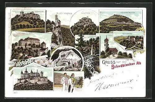 Lithographie Teck, Achalm, Neuffen, Hohenstauffen, Rechberg