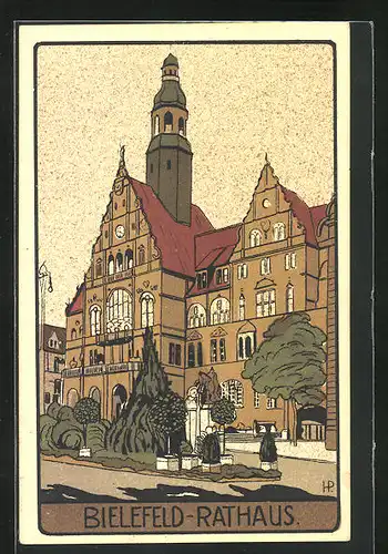 Steindruck-AK Bielefeld, Rathaus mit Vorplatz