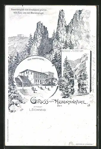 Lithographie Thale /Harz, Hotel Hexentanzplatz, Bodekessel u. Teufelsbrücke