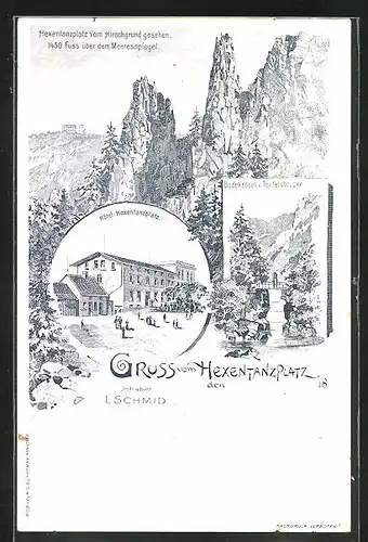 Lithographie Thale /Harz, Hotel Hexentanzplatz, Bodekessel und Teufelsbrücke