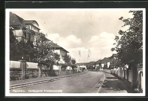 AK Pforzheim, Verlängerte Friedensstrasse mit Bäumen