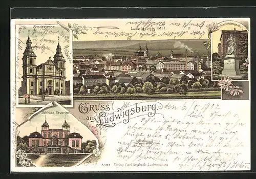 Lithographie Ludwigsburg, Schloss Favorite, Stadtkirche, Schillerdenkmal