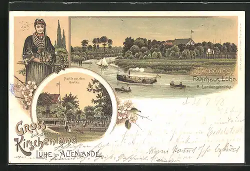 Lithographie Lühe i. Altenlande, Gasthaus Fährhaus von J. H. Cohrs