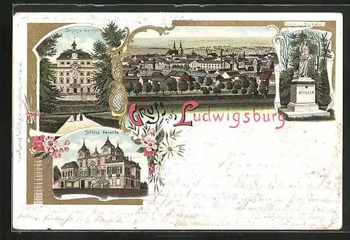 Lithographie Ludwigsburg, Schloss Favorite, Schiller-Denkmal