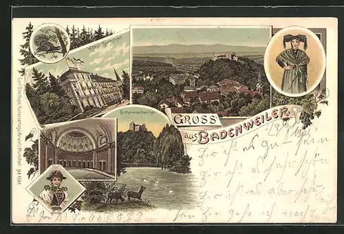 Lithographie Badenweiler, Hotel Sommer, Marmorbad